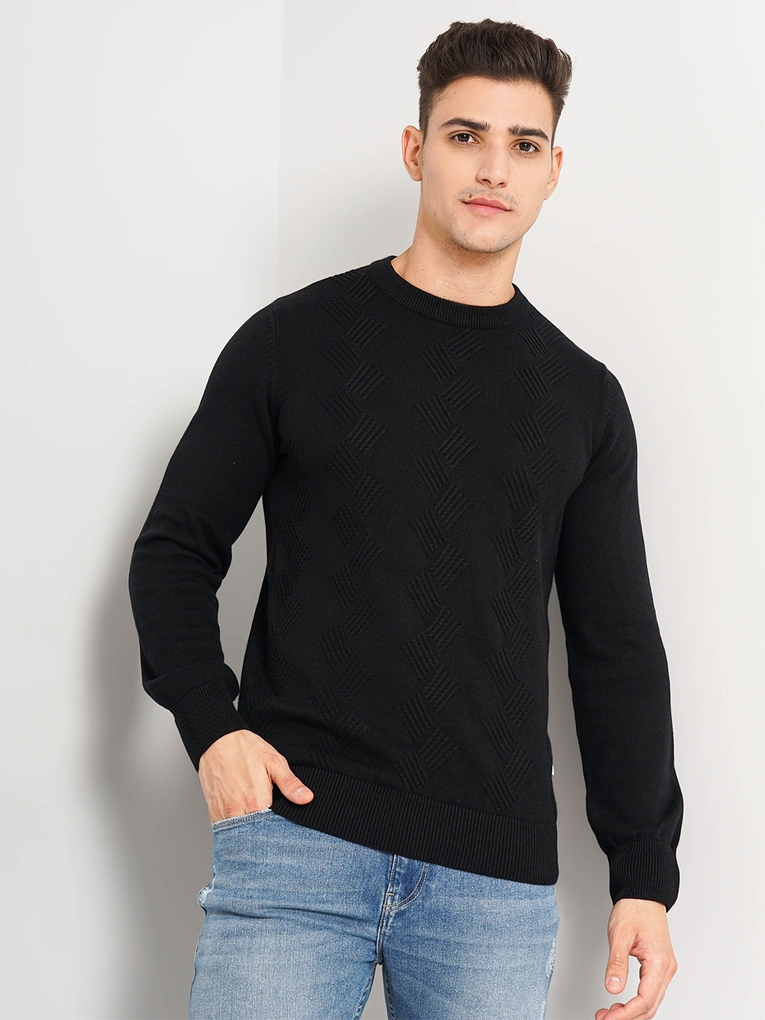 

Celio Cable Knitted Round Neck Cotton Pullover Sweater, Black