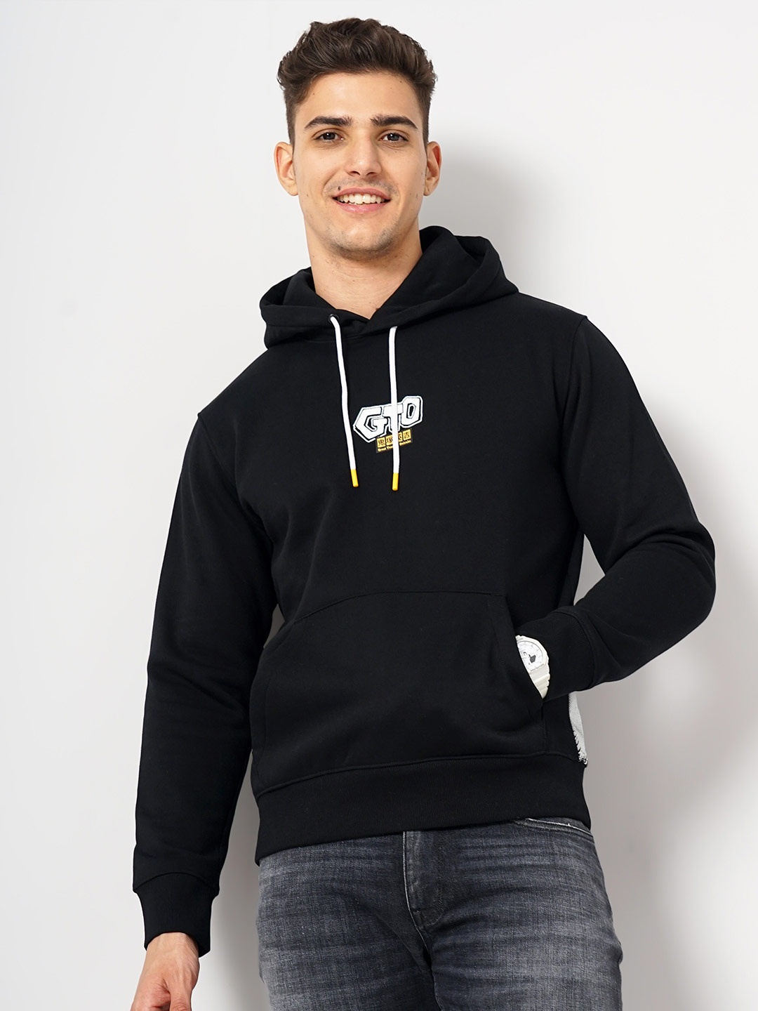 

Celio Typography Printed Cotton Hooded Sweatshirt, Black