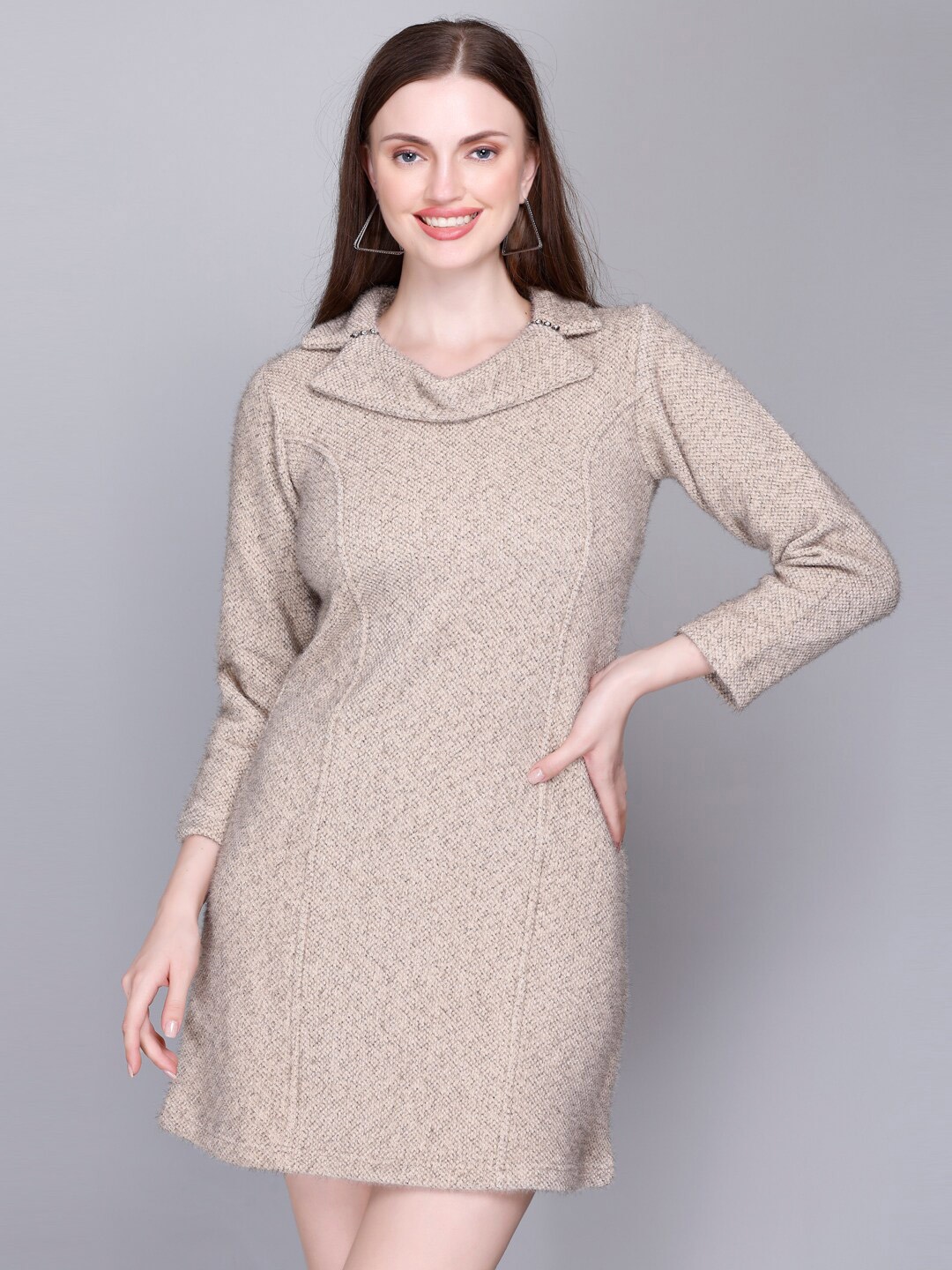 

VELVTINE Self Design Woollen A-Line Dress, Beige