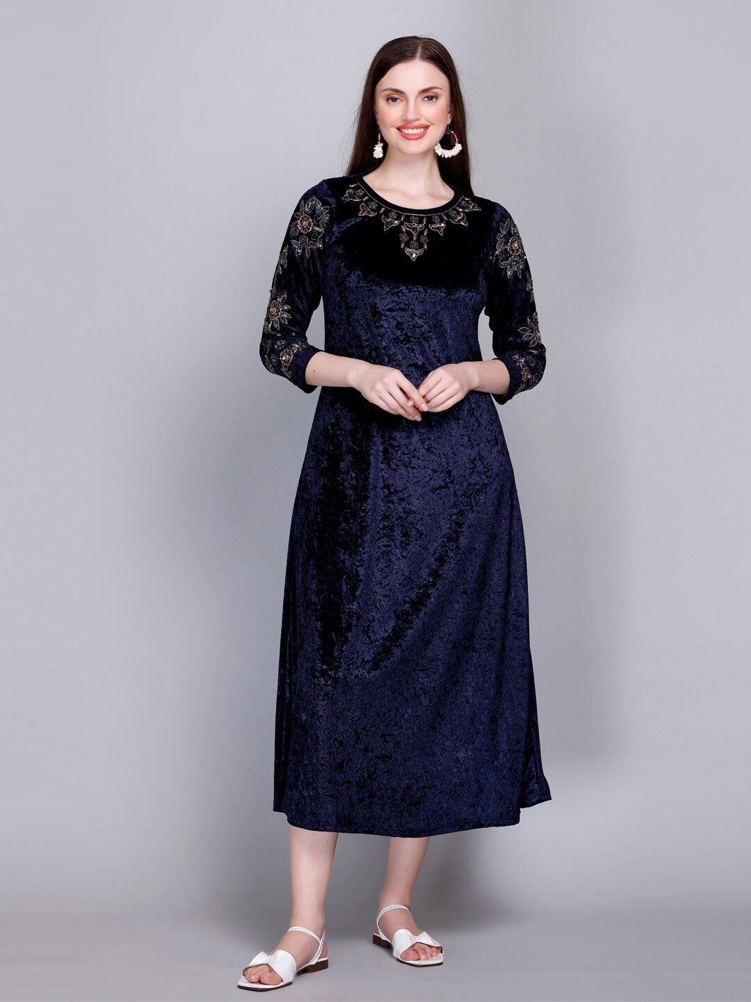 

VELVTINE Embellished Woollen Velvet Sheath Midi Dress, Navy blue