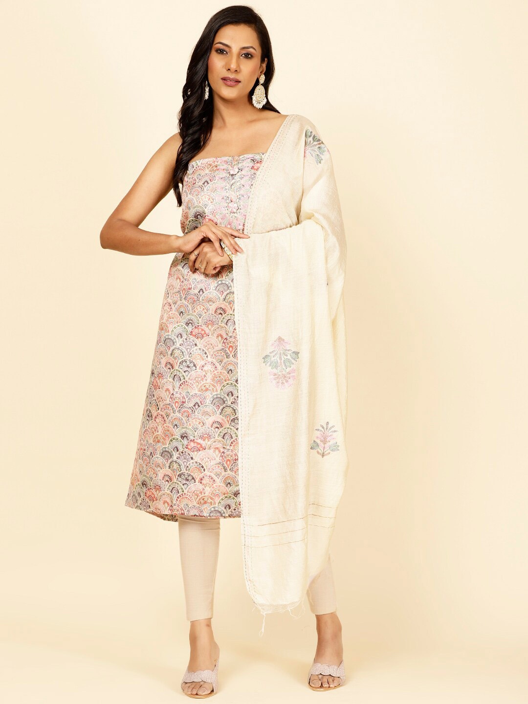 

Meena Bazaar Ethnic Motifs Printed Unstitched Dress Material, Cream
