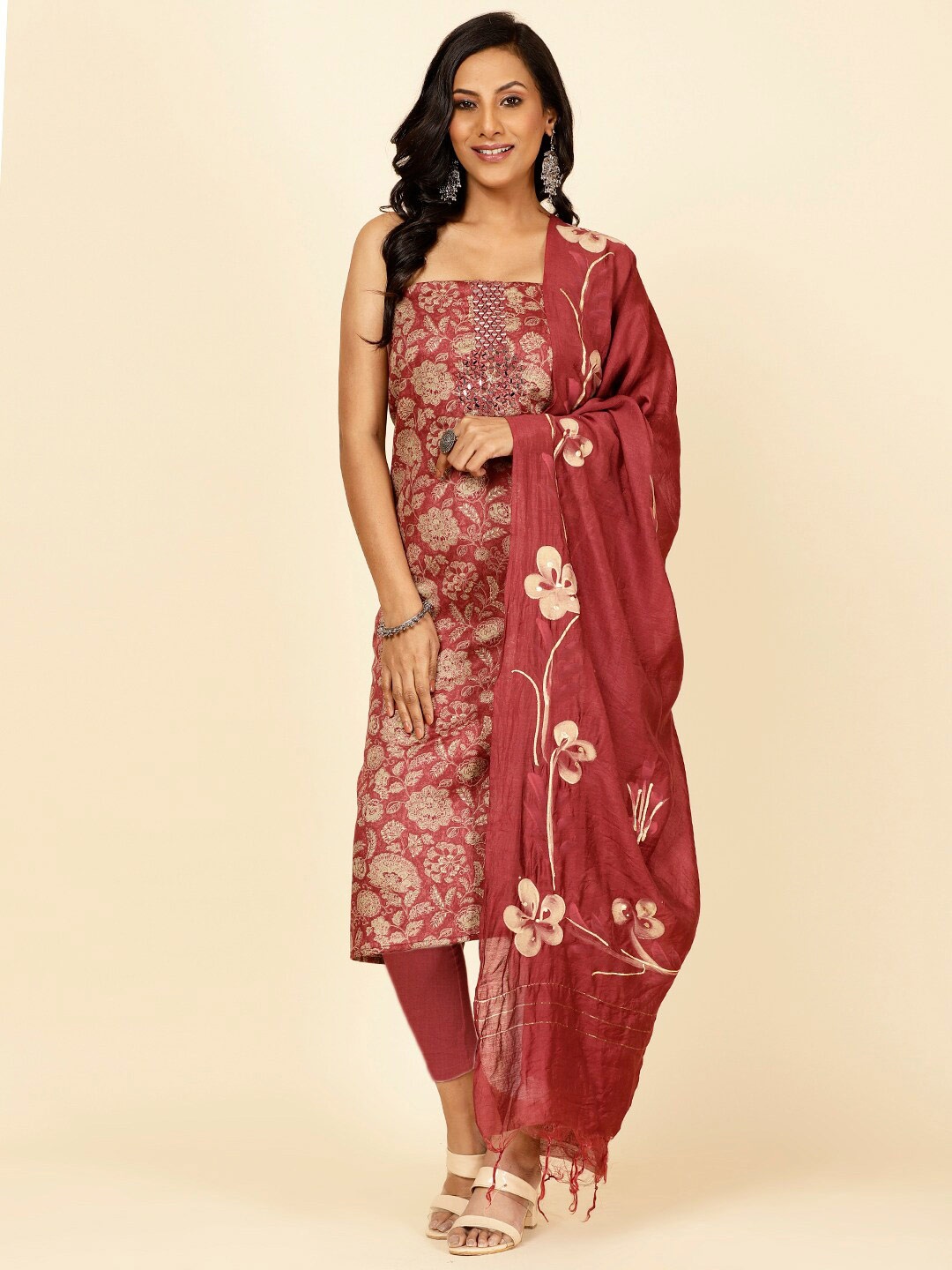 

Meena Bazaar Floral Printed Unstitched Dress Material, Pink