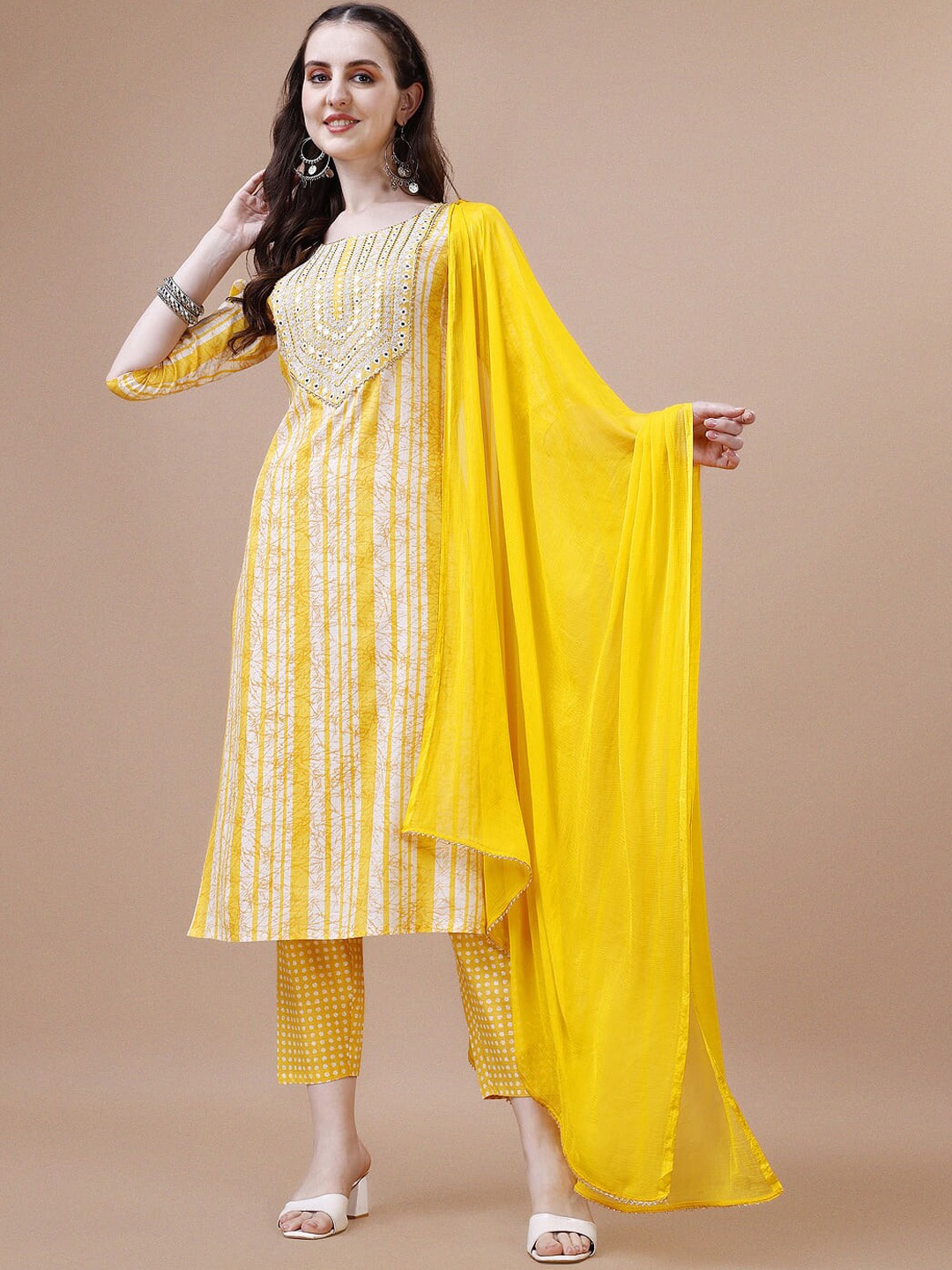 

KALINI Embroidered Mirror Work Kurta with Trousers & Dupatta, Yellow