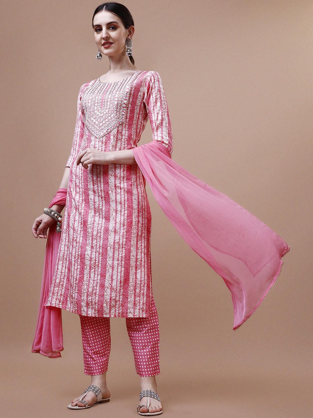 

KALINI Striped Mirror Work Kurta With Trousers & Dupatta, Pink