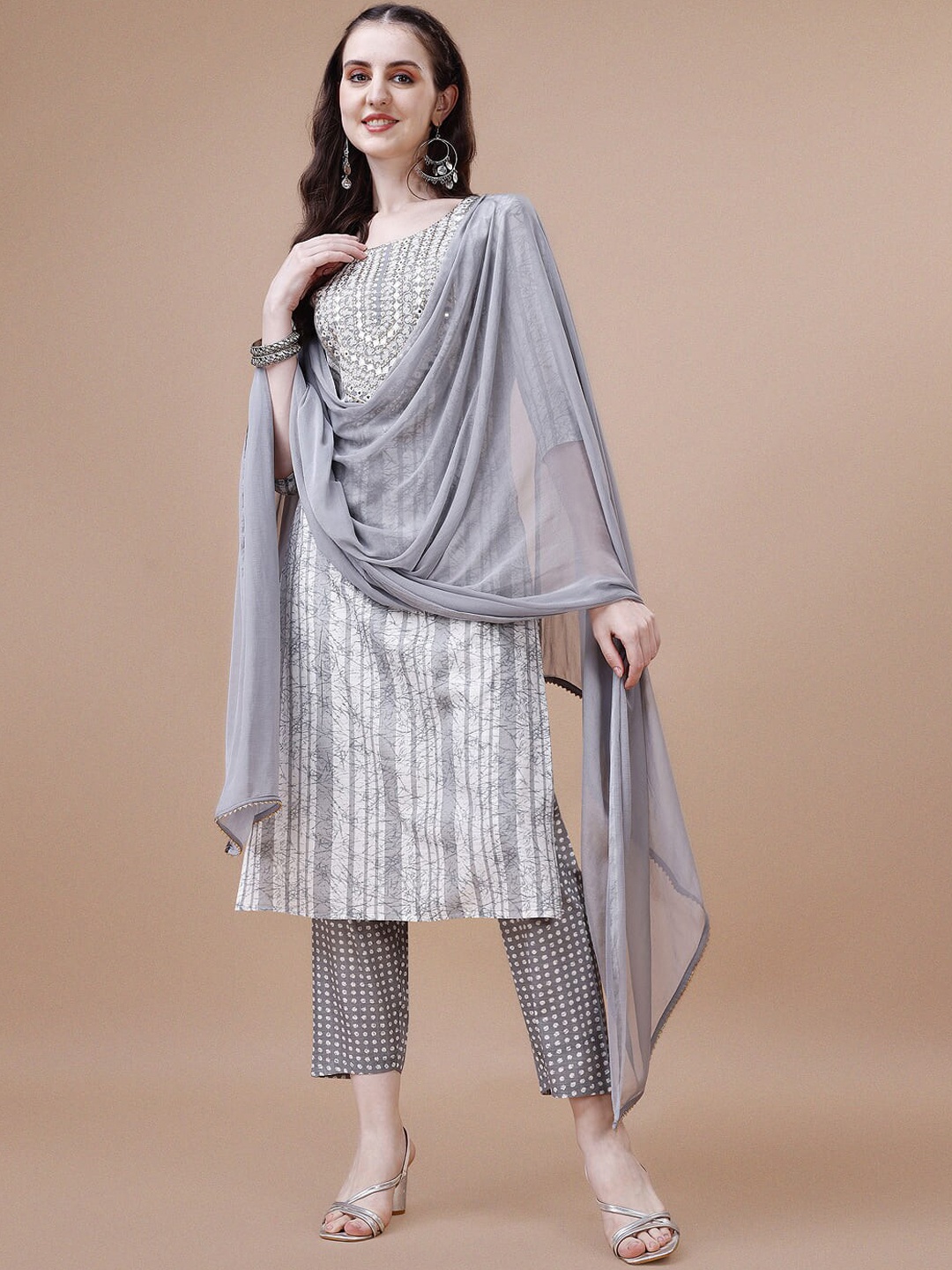 

KALINI Dyed Mirror Work Kurta with Trousers & Dupatta, Grey