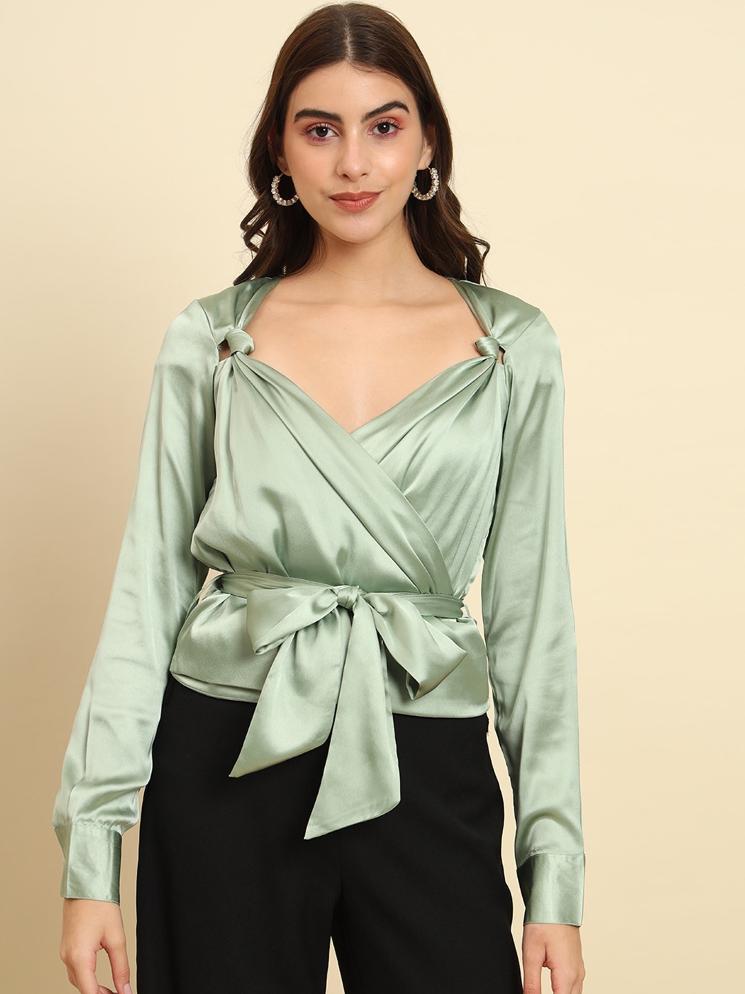 

Trend Arrest Sweetheart Neck Cuff Sleeves Gathered Wrap Top, Green