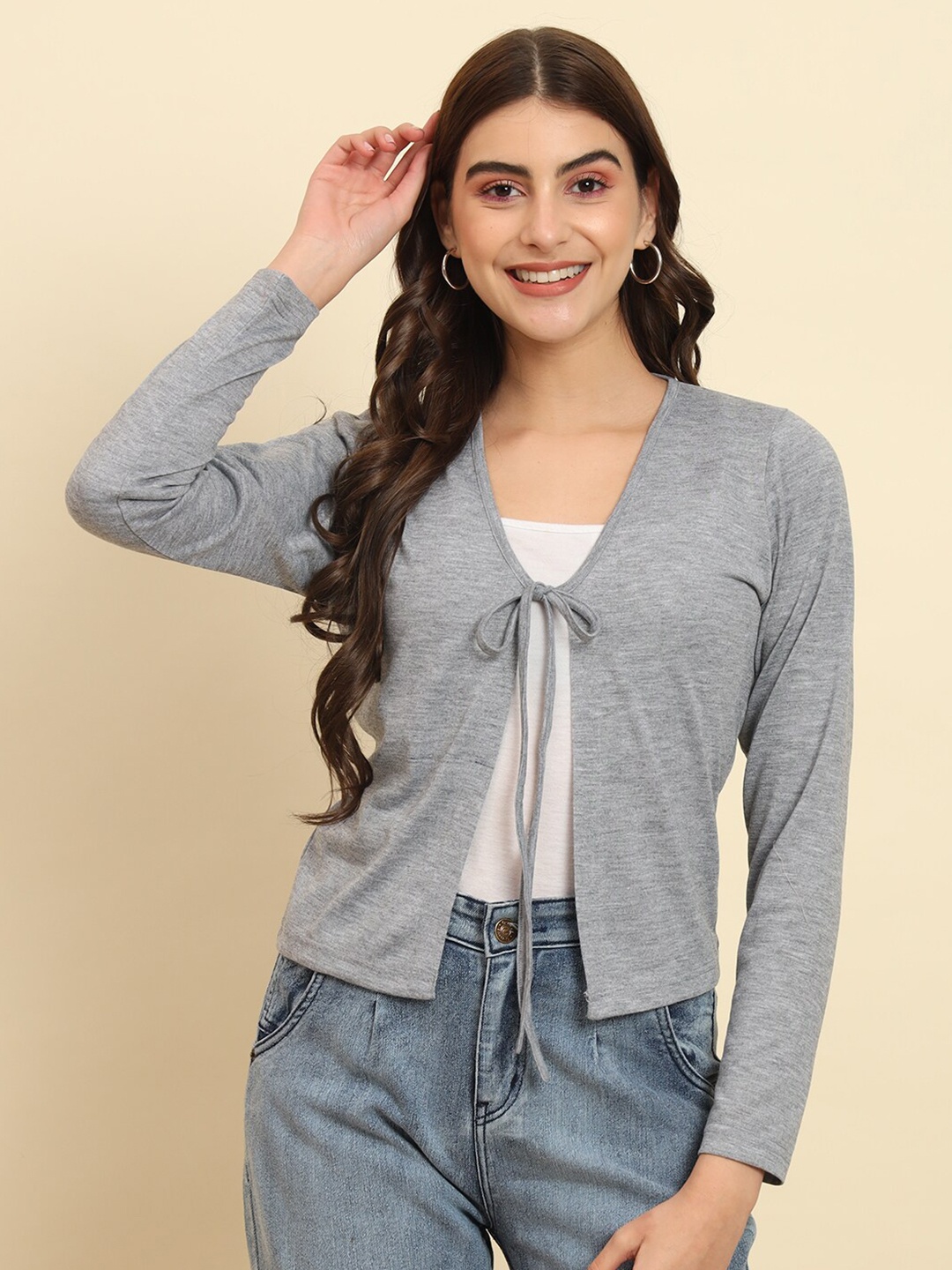 

Trend Arrest Crop Tie-Up Cotton Shrug, Grey
