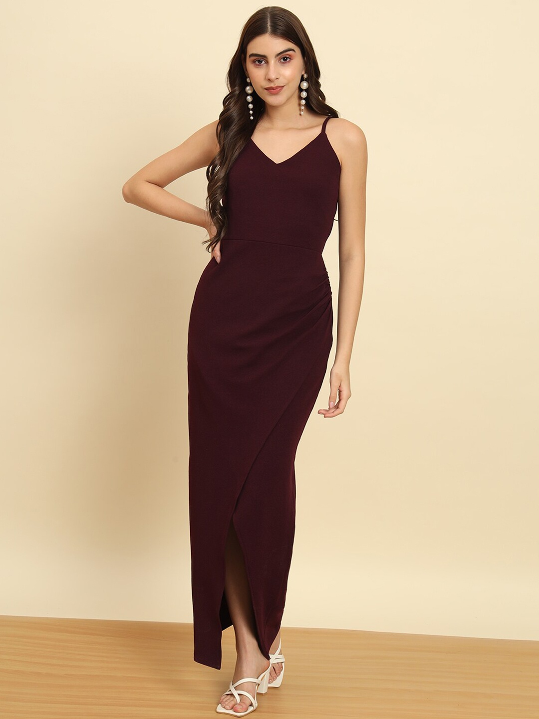 

Trend Arrest Shoulder Straps Sleeveless Gathered Sheath Maxi Dress, Burgundy