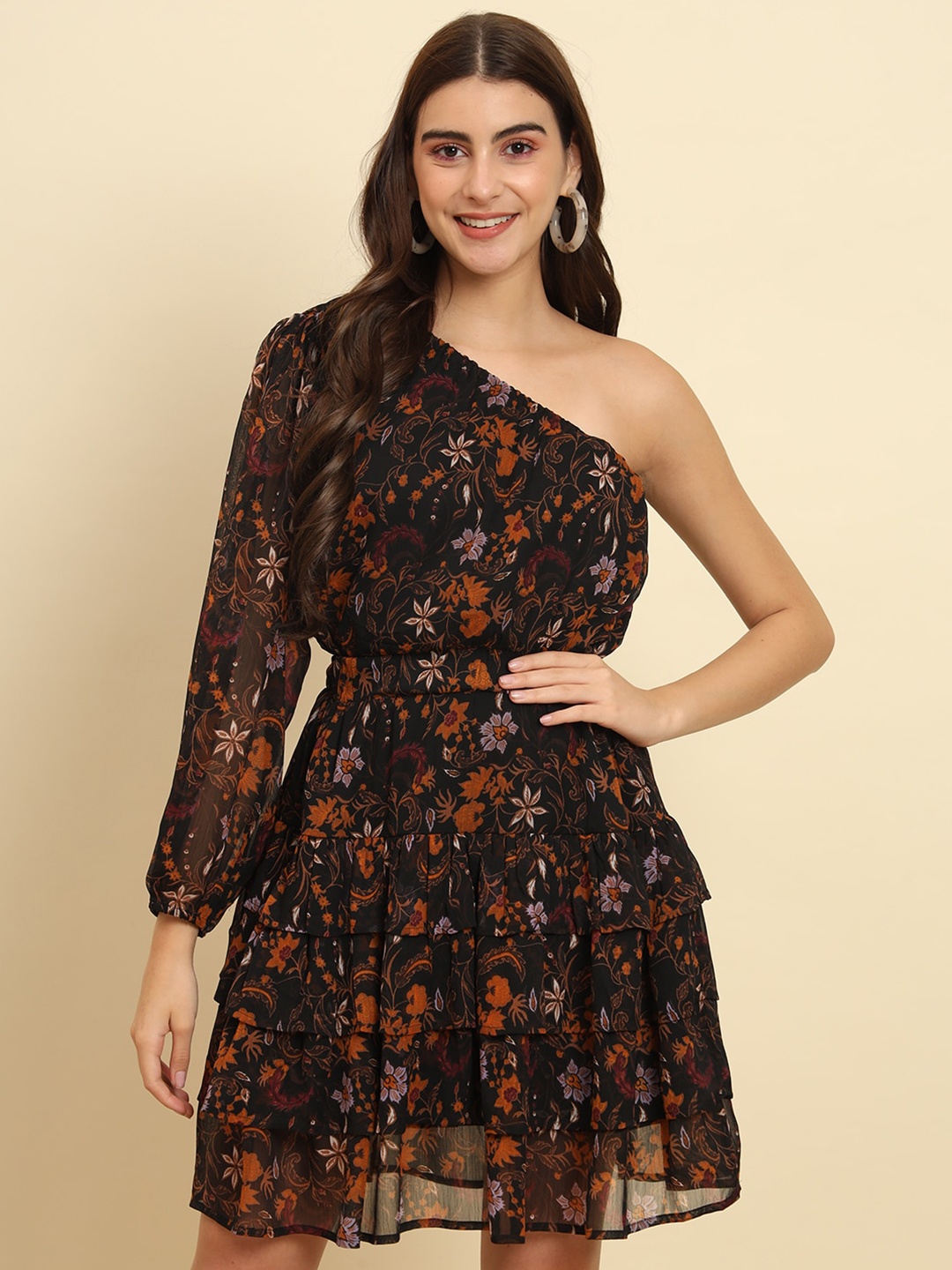 

Trend Arrest Floral Printed One Shoulder Puff Sleeves Layered Georgette Fit & Flare Dress, Black