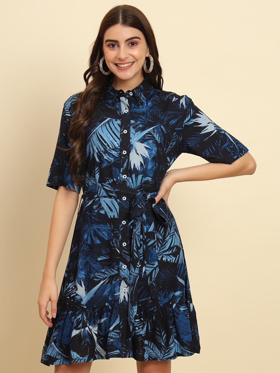 

Trend Arrest Tropical Printed Mandarin Collar Shirt Dress, Blue