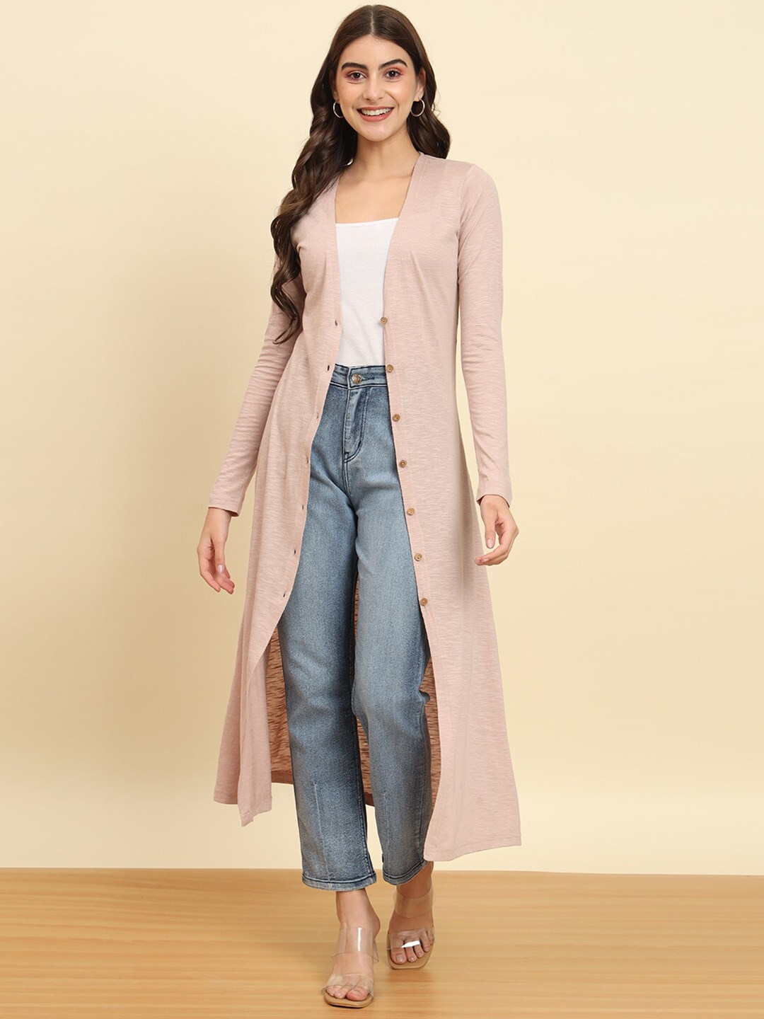 

Trend Arrest Longline Button Cotton Longline Shrug, Pink