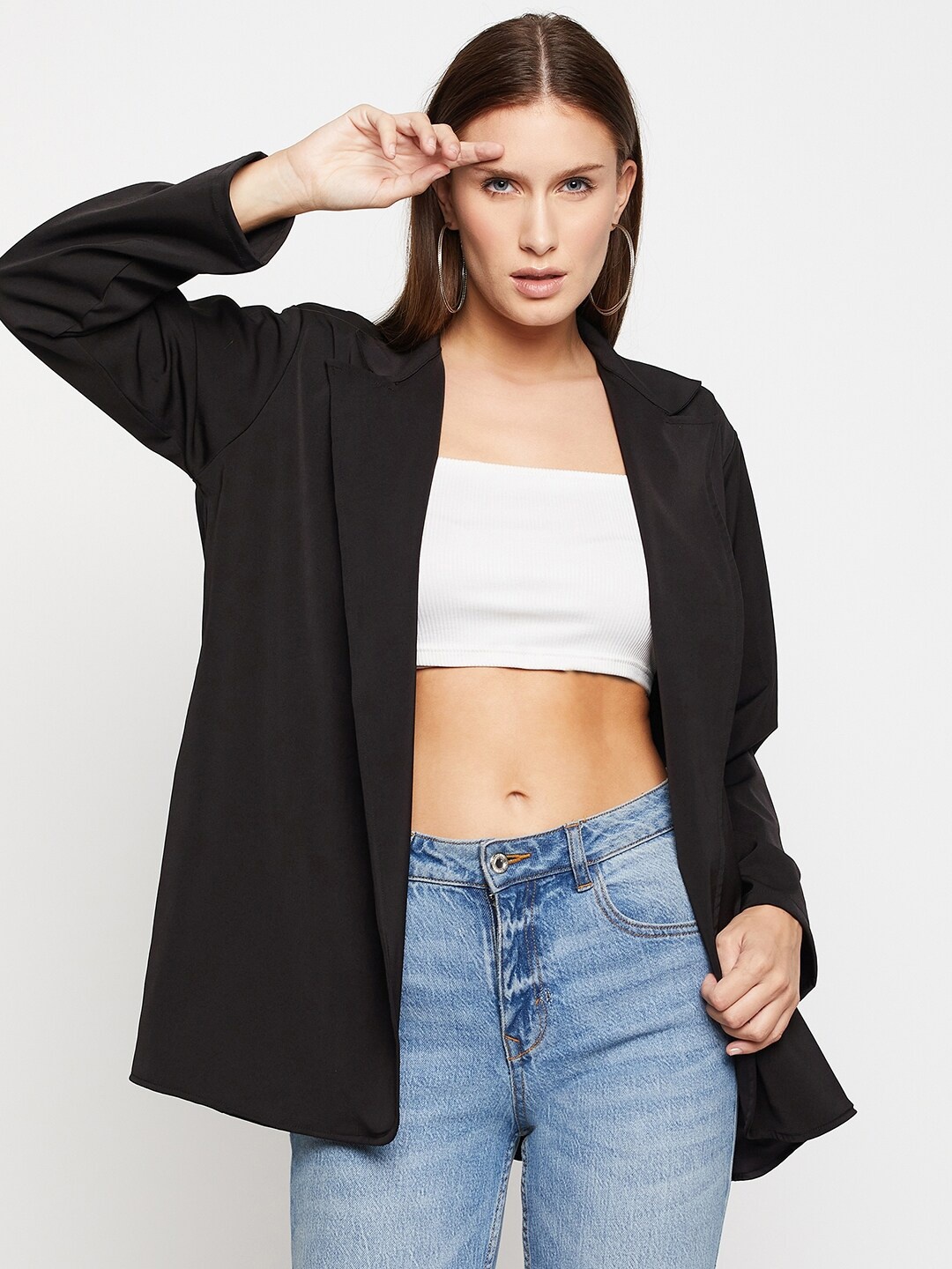 

Fashfun Lapel Collar Longline Open Front jacket, Black