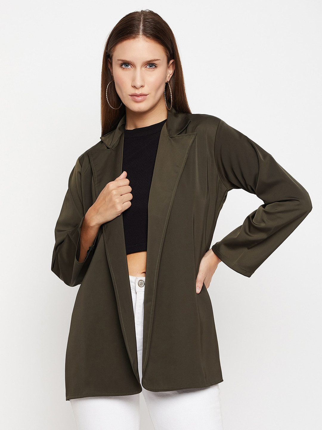 

Fashfun Lapel Collar Longline Open Front jacket, Green