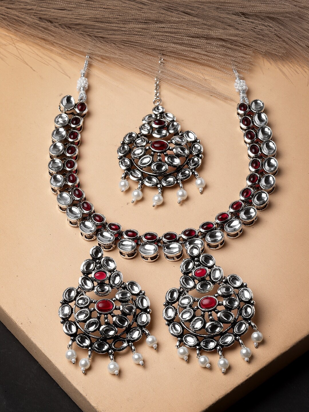 

ADIVA Oxidised Silver-Plated Kundan-Studded & Pearl Beaded Jewellery Set