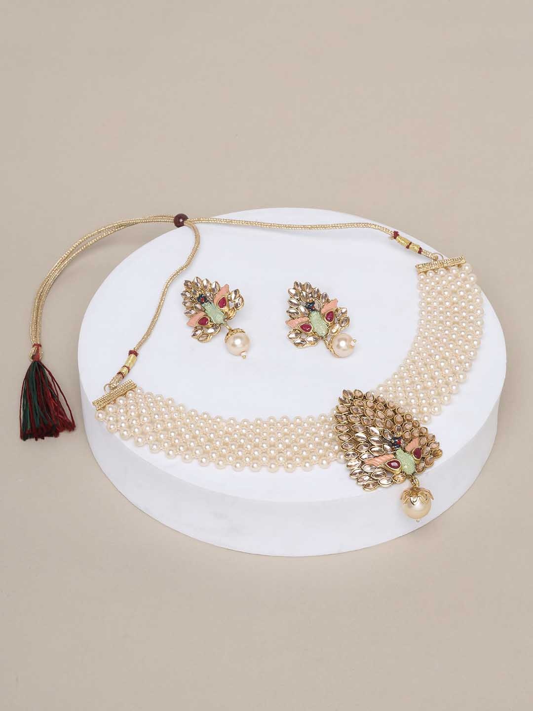 

ADIVA Gold-Plated Stone-Studded & Pearl Beaded Jewellery Set