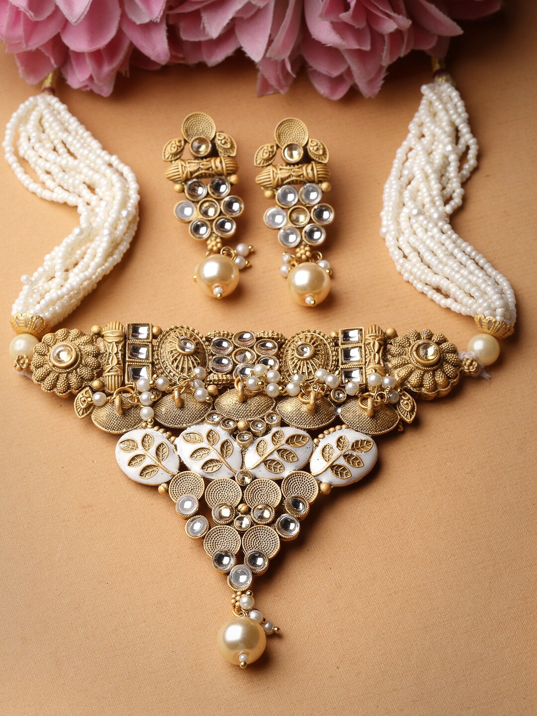 

ADIVA Gold-Plated Kundan-Studded & Beaded Jewellery Set