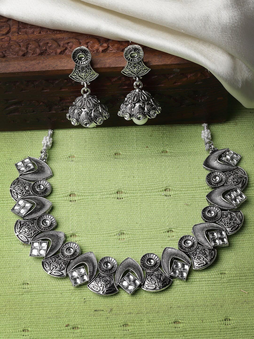 

ADIVA Oxidised Silver-Plated Kundan-Studded Jewellery Set