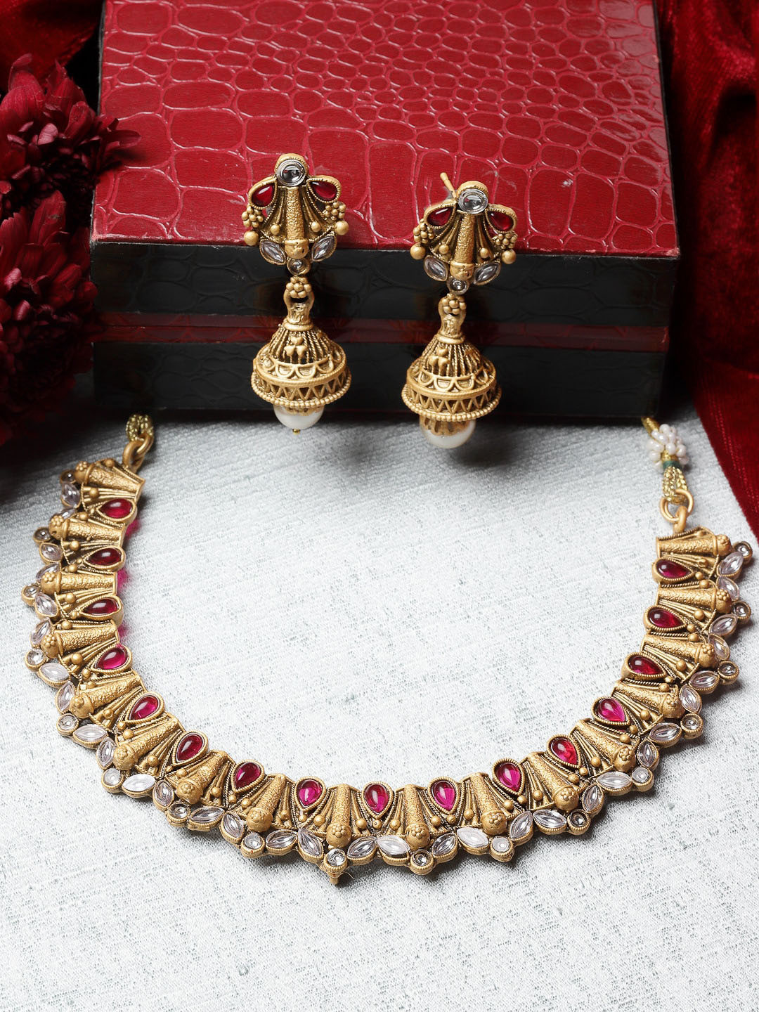 

ADIVA Gold-Plated Stone-Studded & Pearl Beaded Jewellery Set