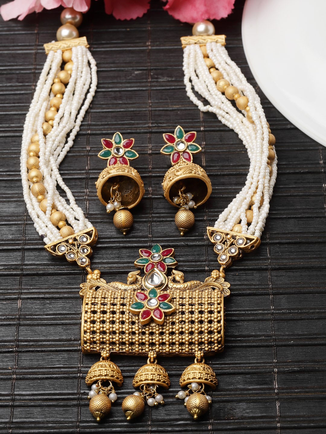 

ADIVA Gold Plated & Peal Beaded Jewellery Set