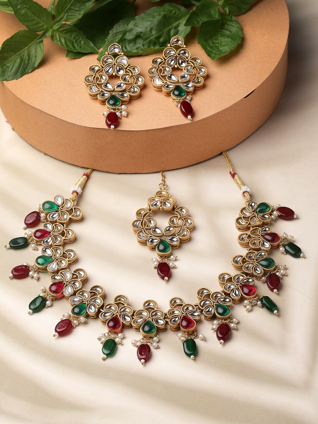 

ADIVA Gold-Plated Stone Studded & Beaded Jewellery Set