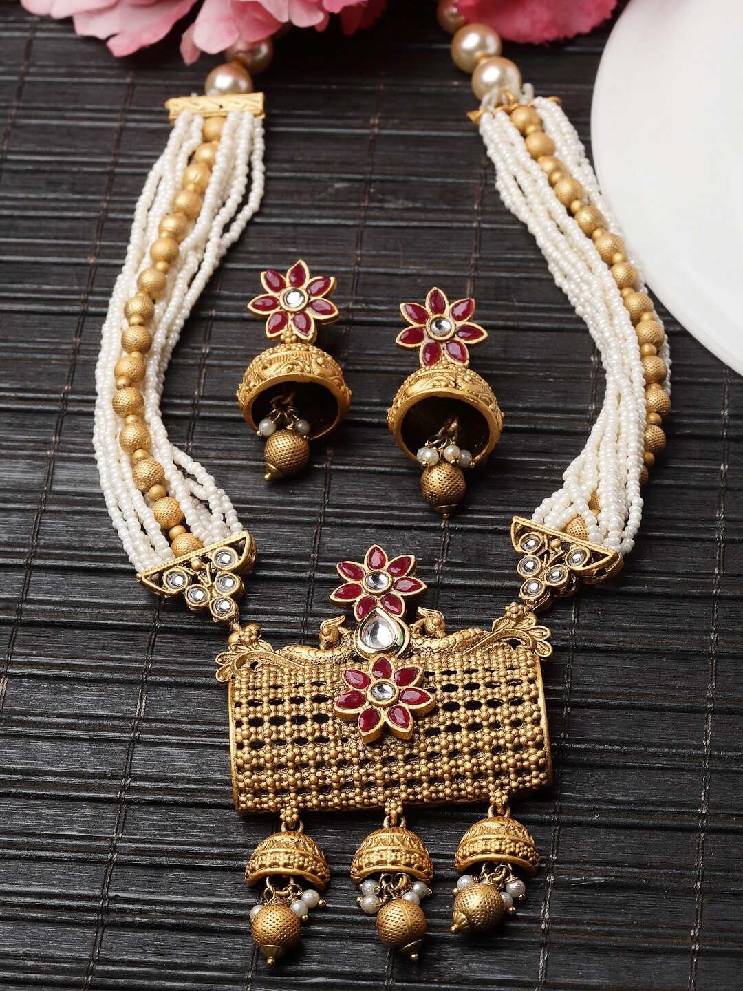 

ADIVA Gold-Plated Stone-Studded & Beaded Jewellery Set