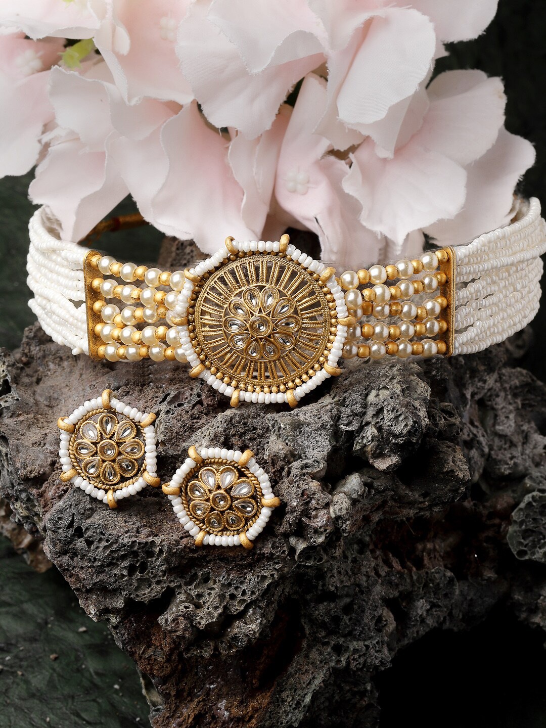 

ADIVA Gold-Plated Stones Studded & Beaded Jewellery Set