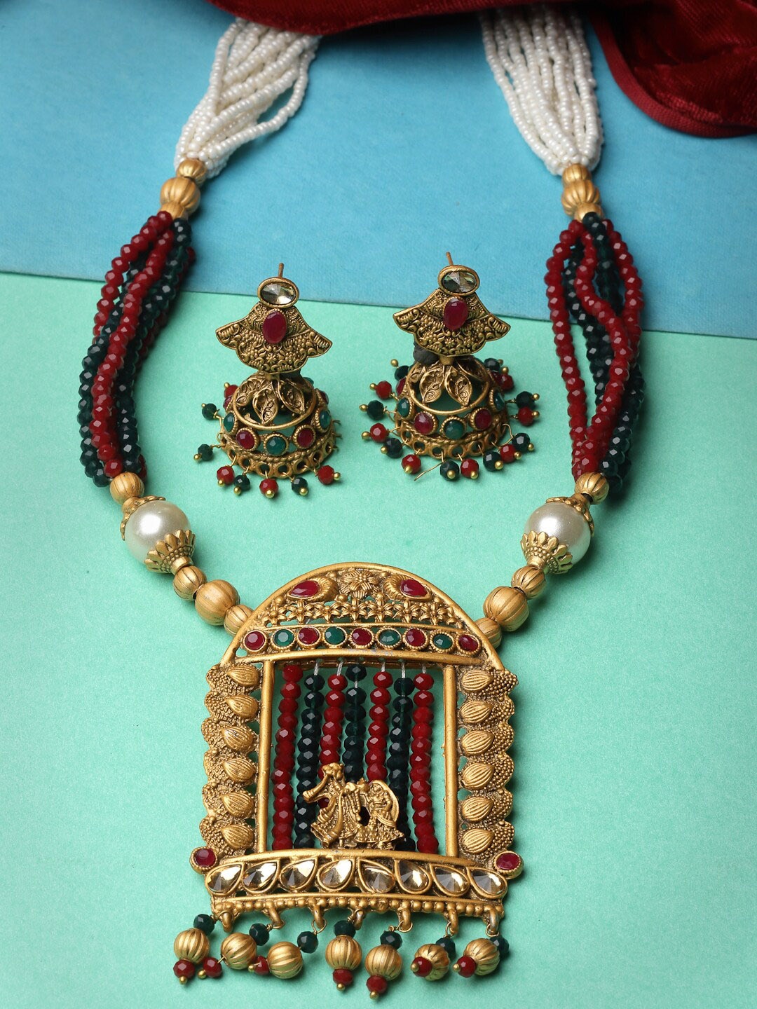 

ADIVA Gold-Plated Stone-Studded & Beaded Jewellery Set