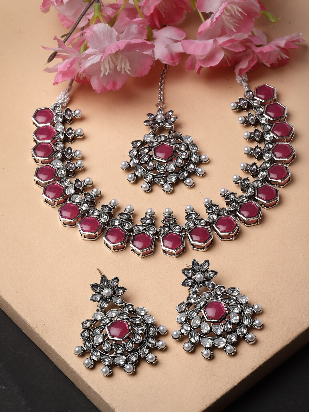 

ADIVA Silver-Plated & Kundan Studded Jewellery Set