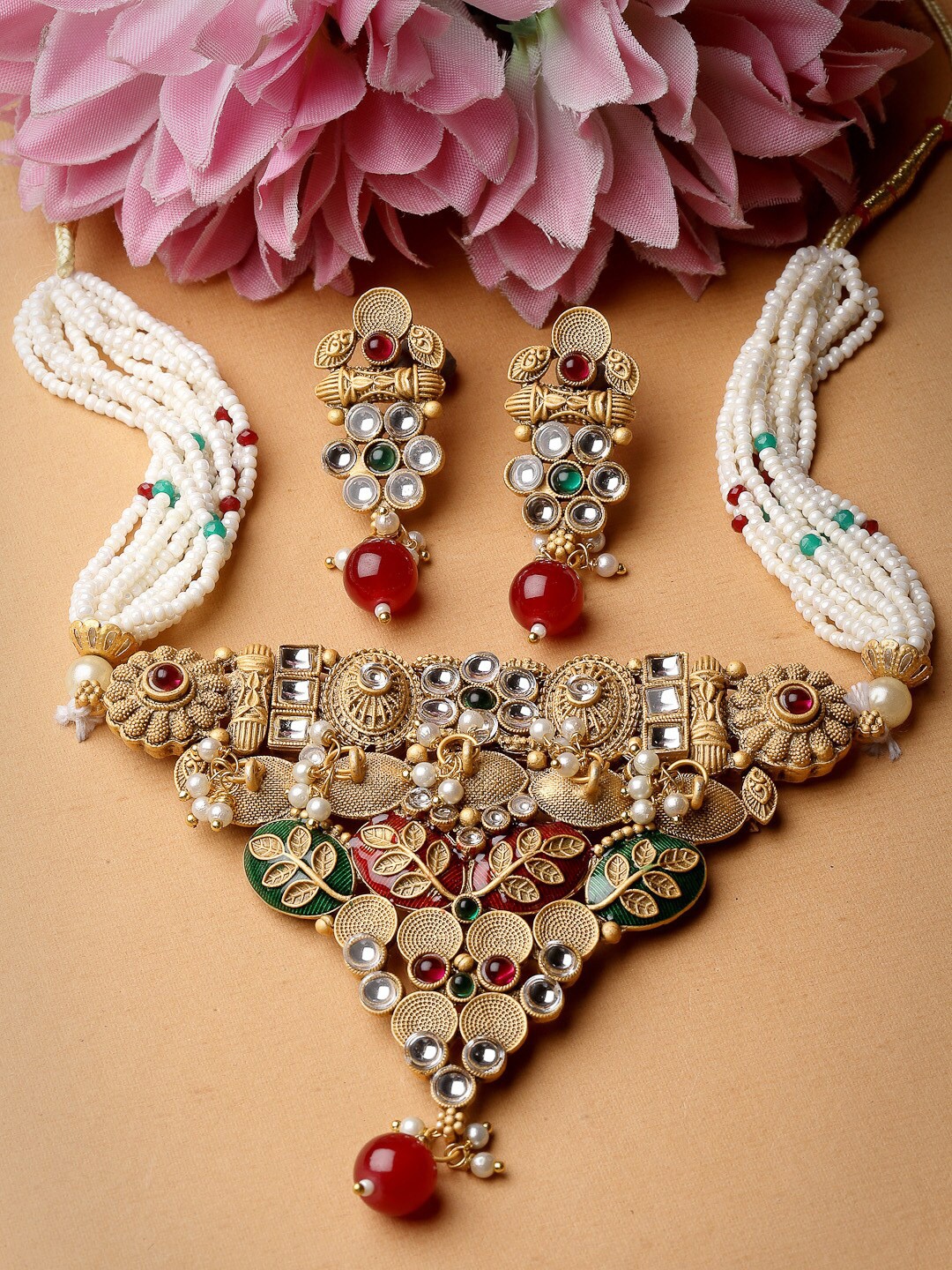 

ADIVA Gold-Plated Kundan Studded & Beaded Jewellery Set