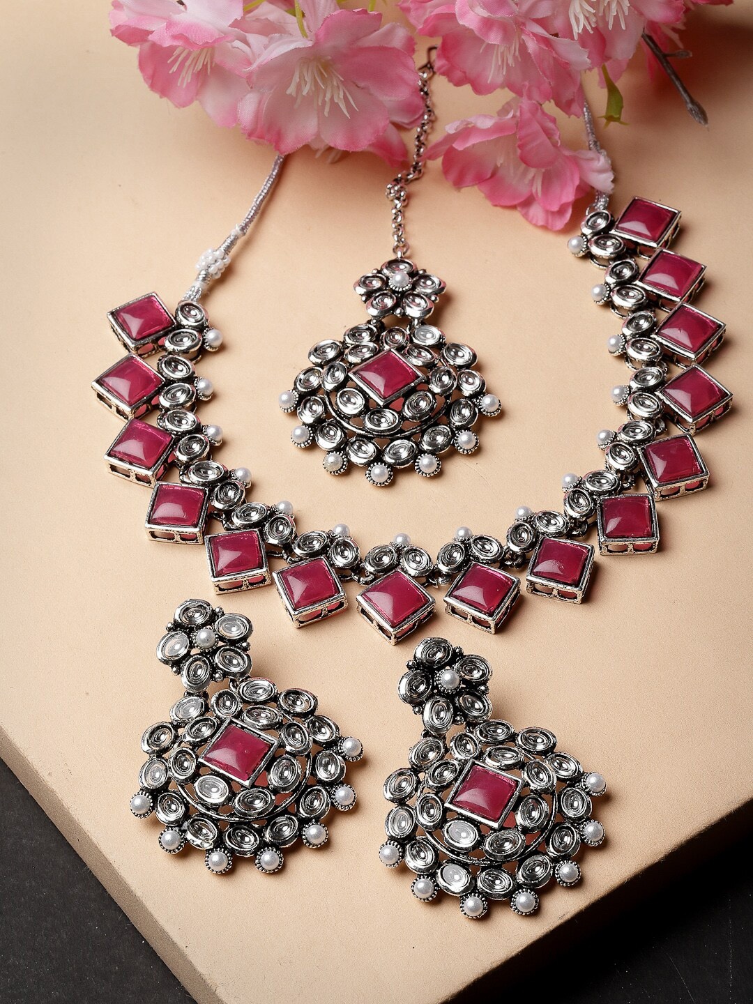 

ADIVA Silver-Plated Kundan Studded Oxidised Jewellery Set