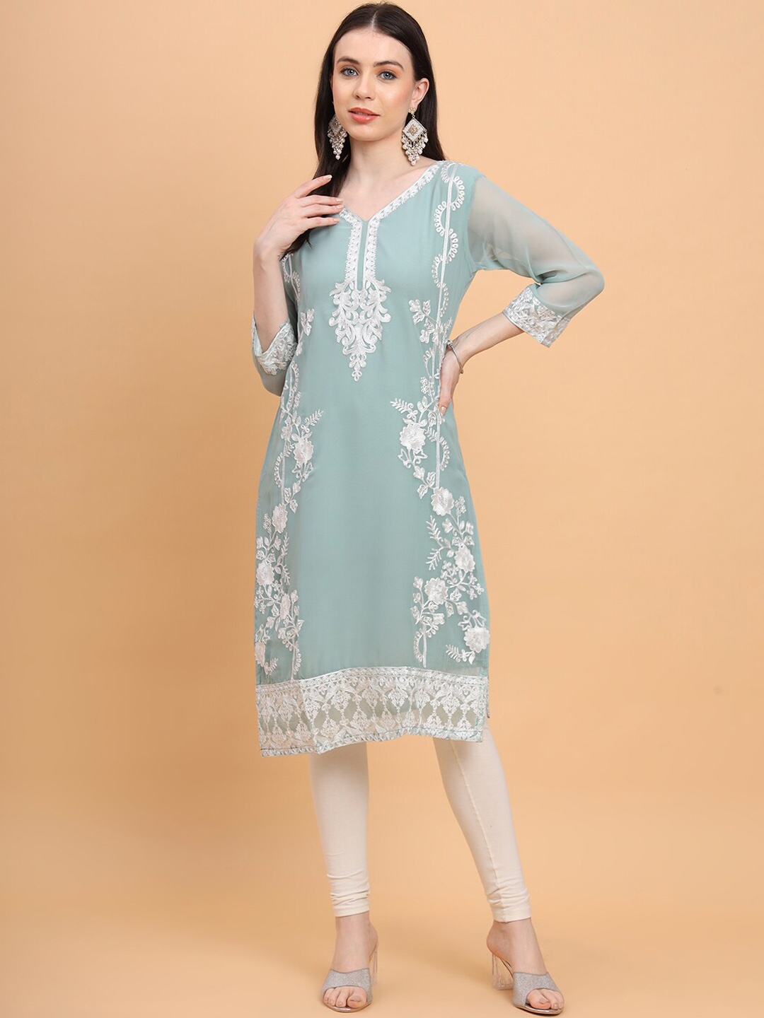 

HERE&NOW Green Ethnic Motifs Embroidered Georgette Kurta