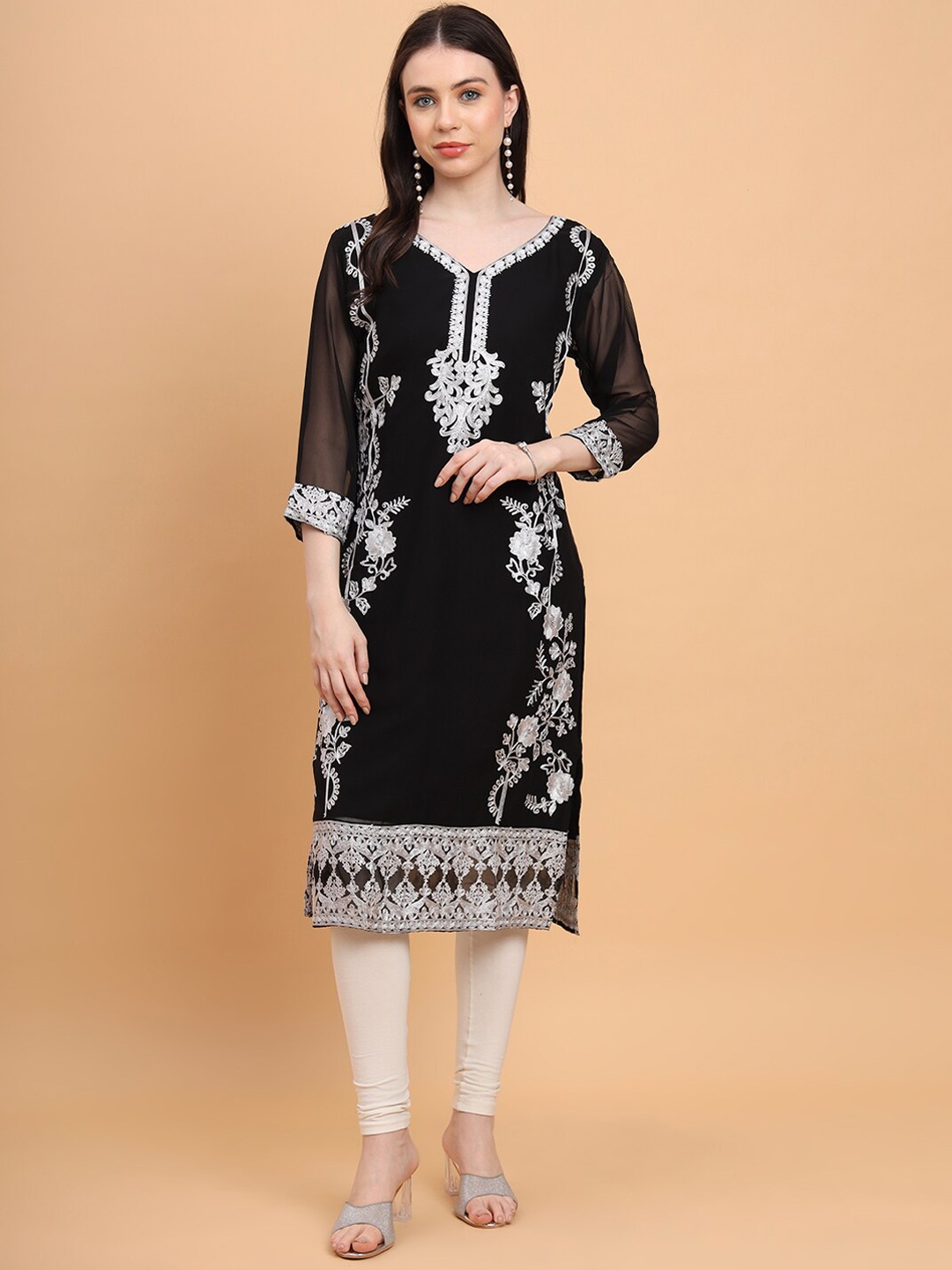 

HERE&NOW Black Ethnic Motifs Embroidered Georgette Kurta