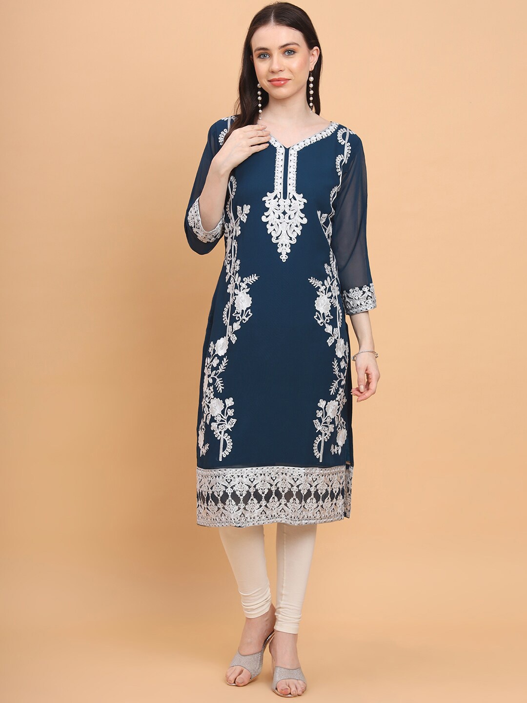 

HERE&NOW Teal Ethnic Motifs Embroidered Georgette Kurta