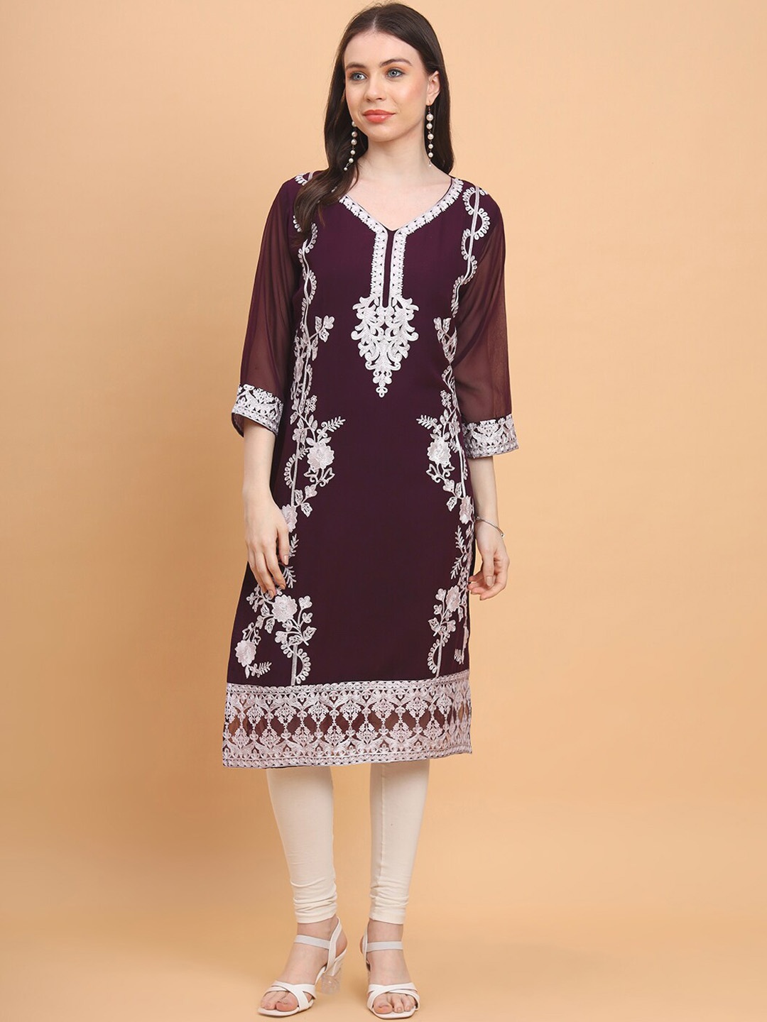 

HERE&NOW Magenta Ethnic Motifs Embroidered Georgette Kurta