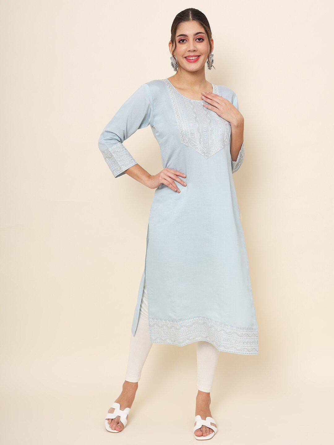 

HERE&NOW Embroidered Cotton Straight Kurta, Blue