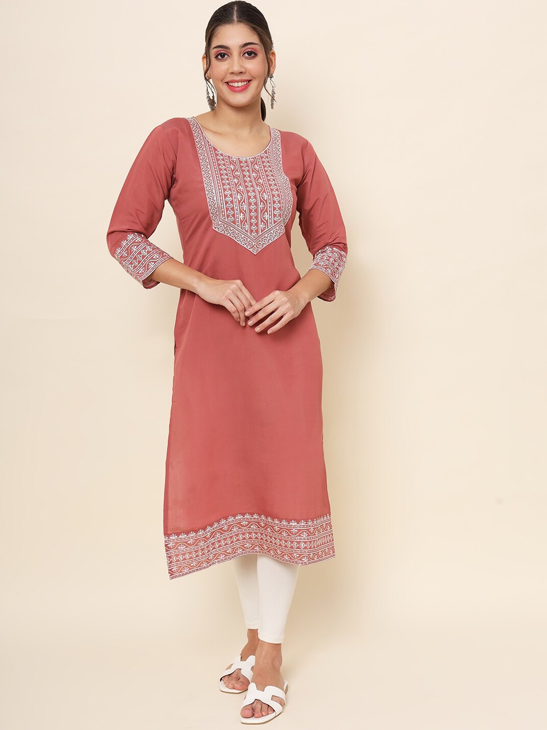 

HERE&NOW Embroidered Cotton Straight Kurta, Peach