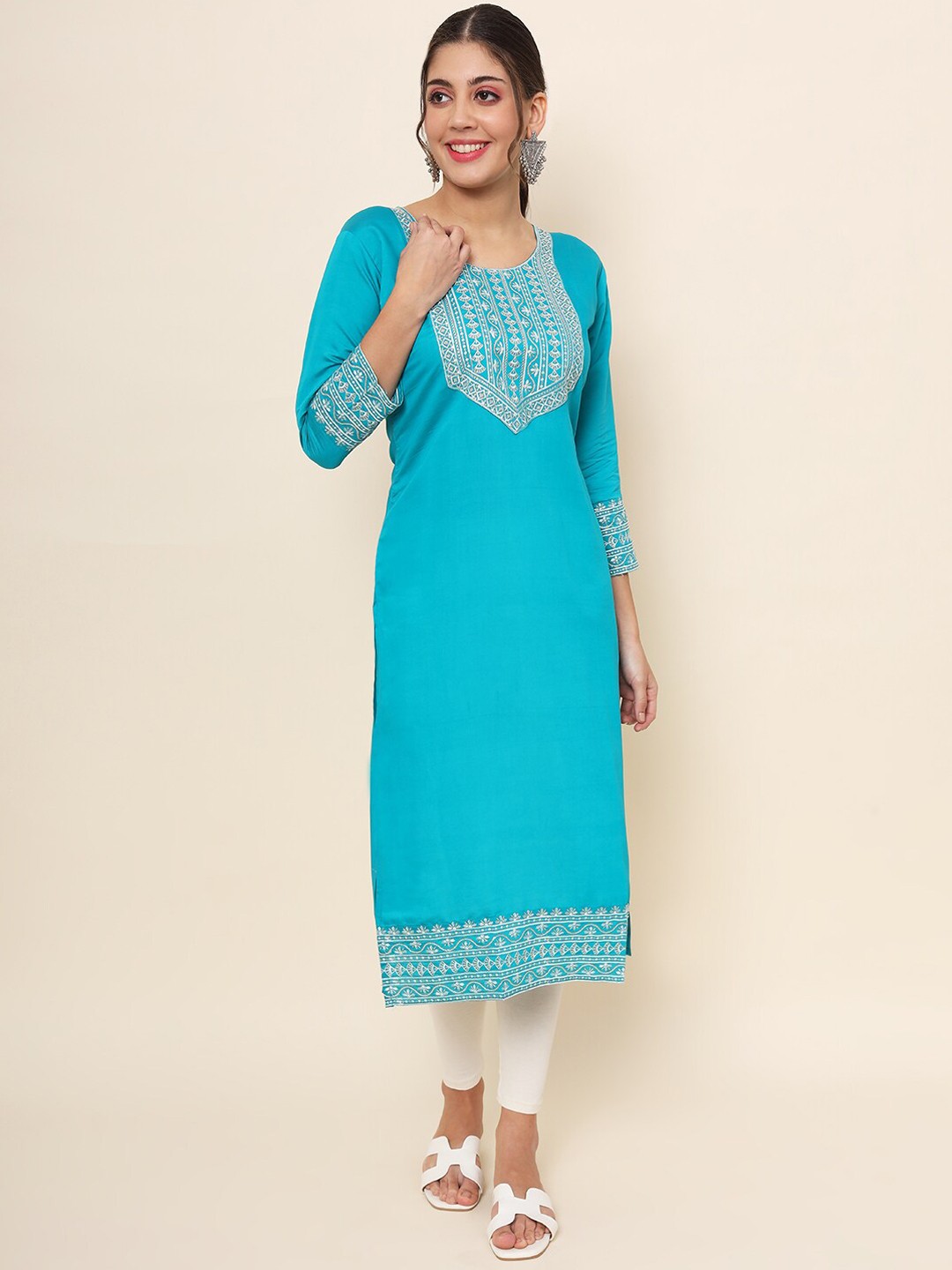 

HERE&NOW Embroidered Cotton Straight Kurta, Turquoise blue