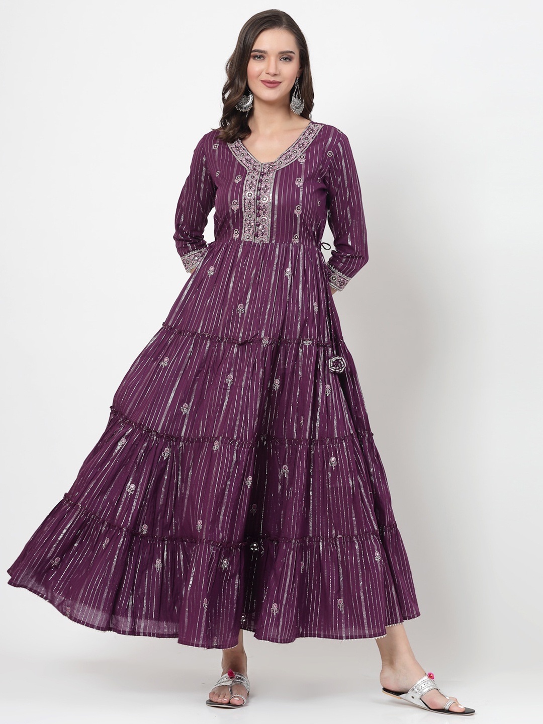 

SWAS Striped Mirror Work Tiered Cotton Maxi Ethnic Dress, Purple