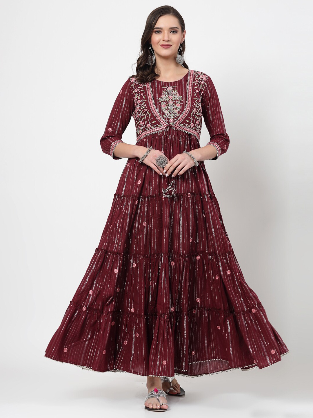 

SWAS Floral Embroidered Gathered Tiered Cotton Maxi Ethnic Dress, Maroon
