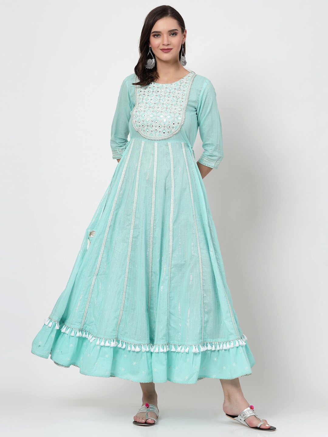 

SWAS Ethnic Motifs Embroidered Mirror Work Cotton Maxi Ethnic Dress, Turquoise blue