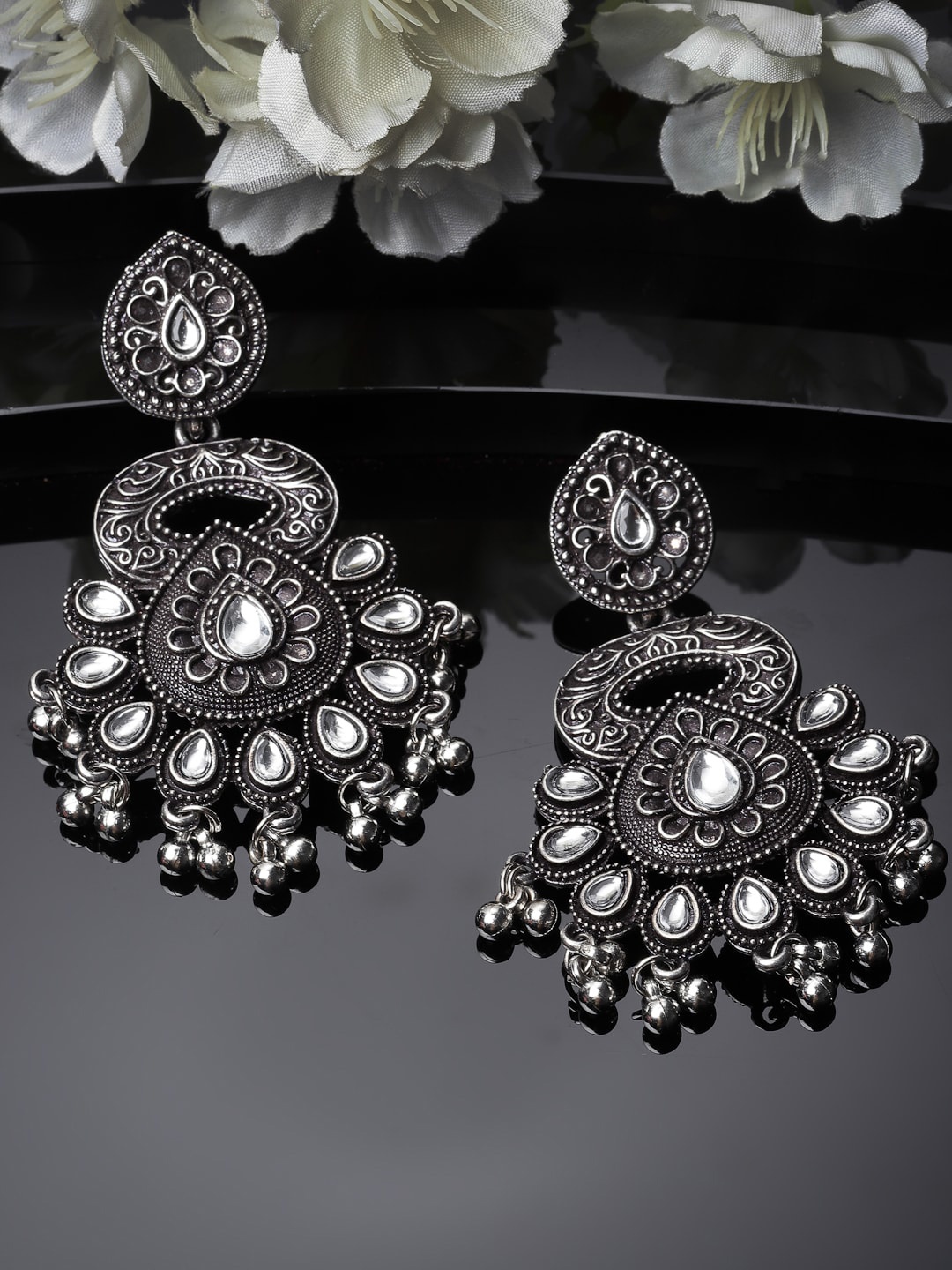 

ADIVA Silver-Plated Kundan-Studded Oxidised Contemporary Drop Earrings