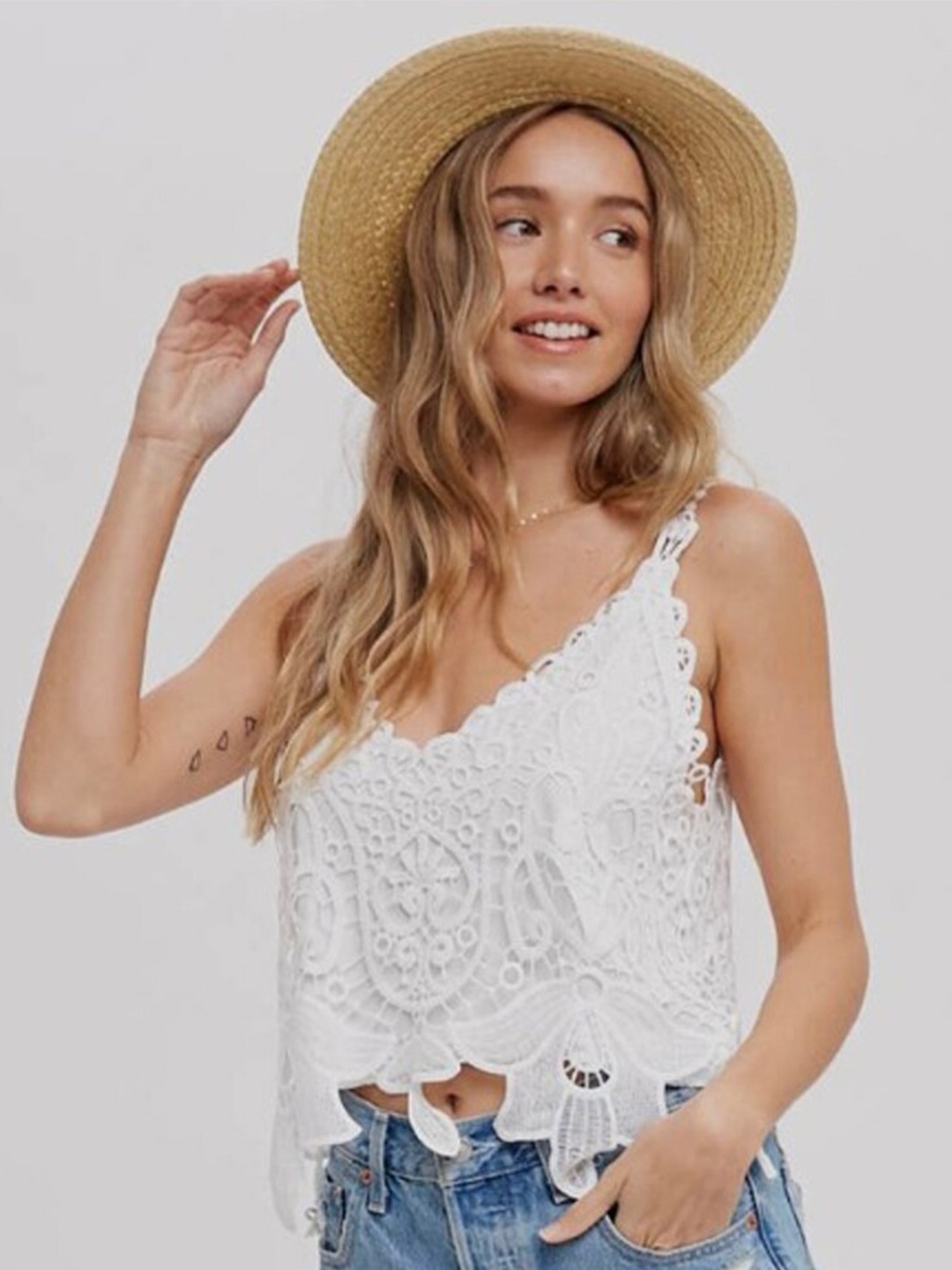 

FIMBUL Floral Self Design Cotton Lace Tank Crop Top, White