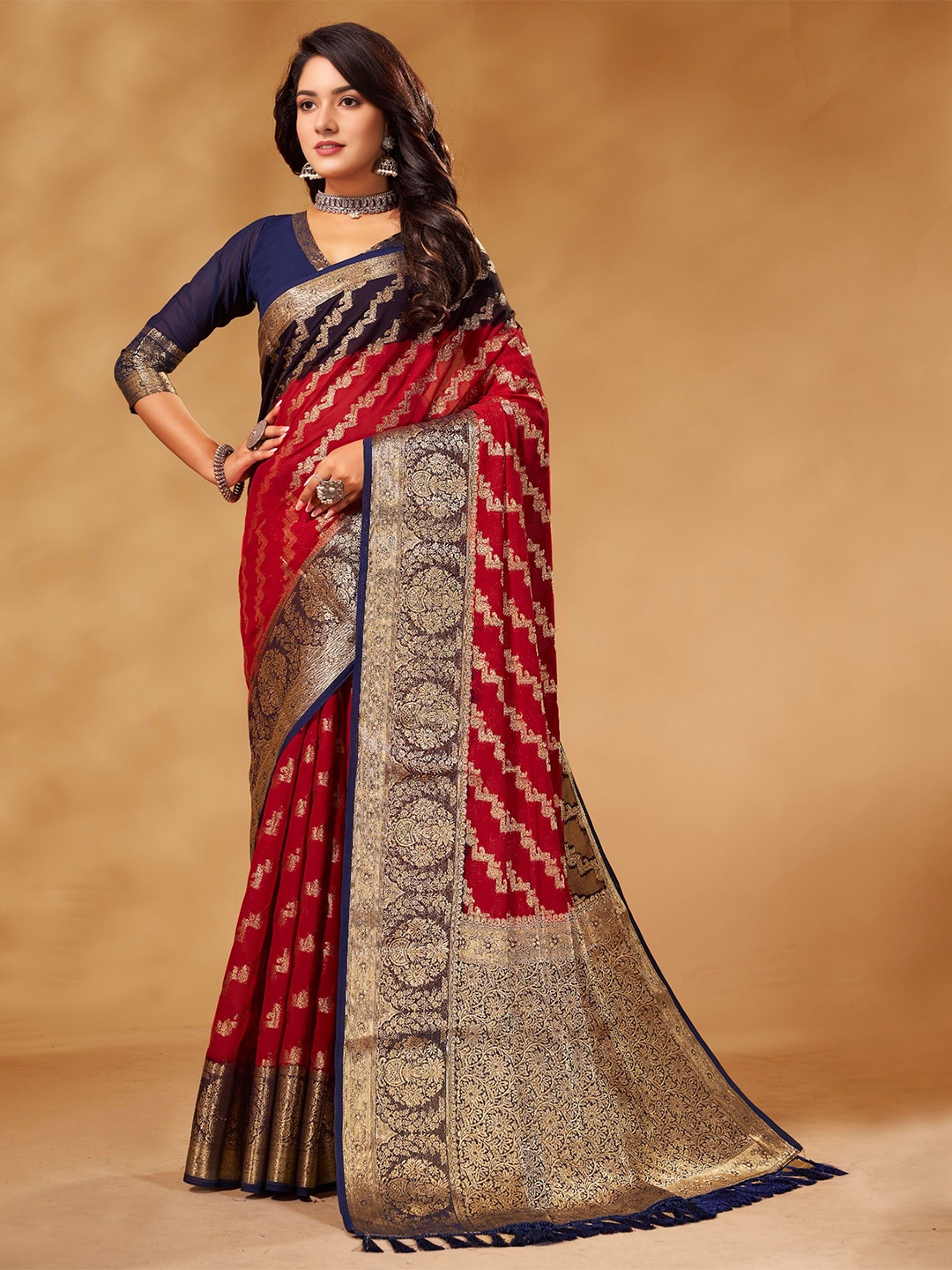 

V3 FASHION STUDIO Leheriya Zari Pure Georgette Banarasi Saree, Red