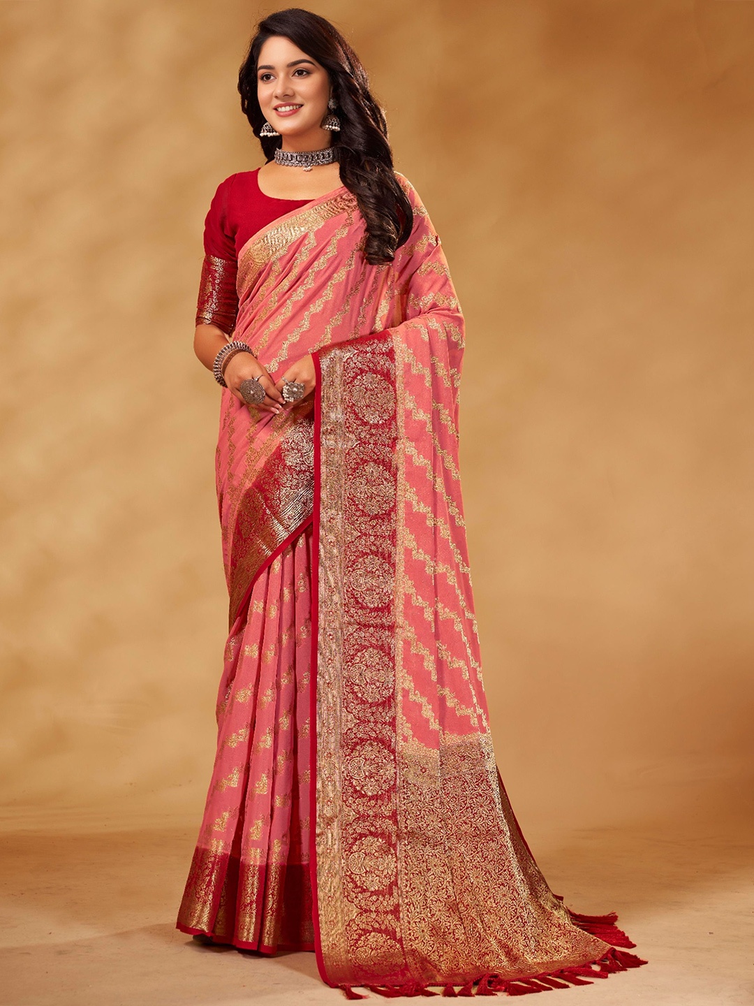 

V3 FASHION STUDIO Leheriya Zari Pure Georgette Banarasi Saree, Peach
