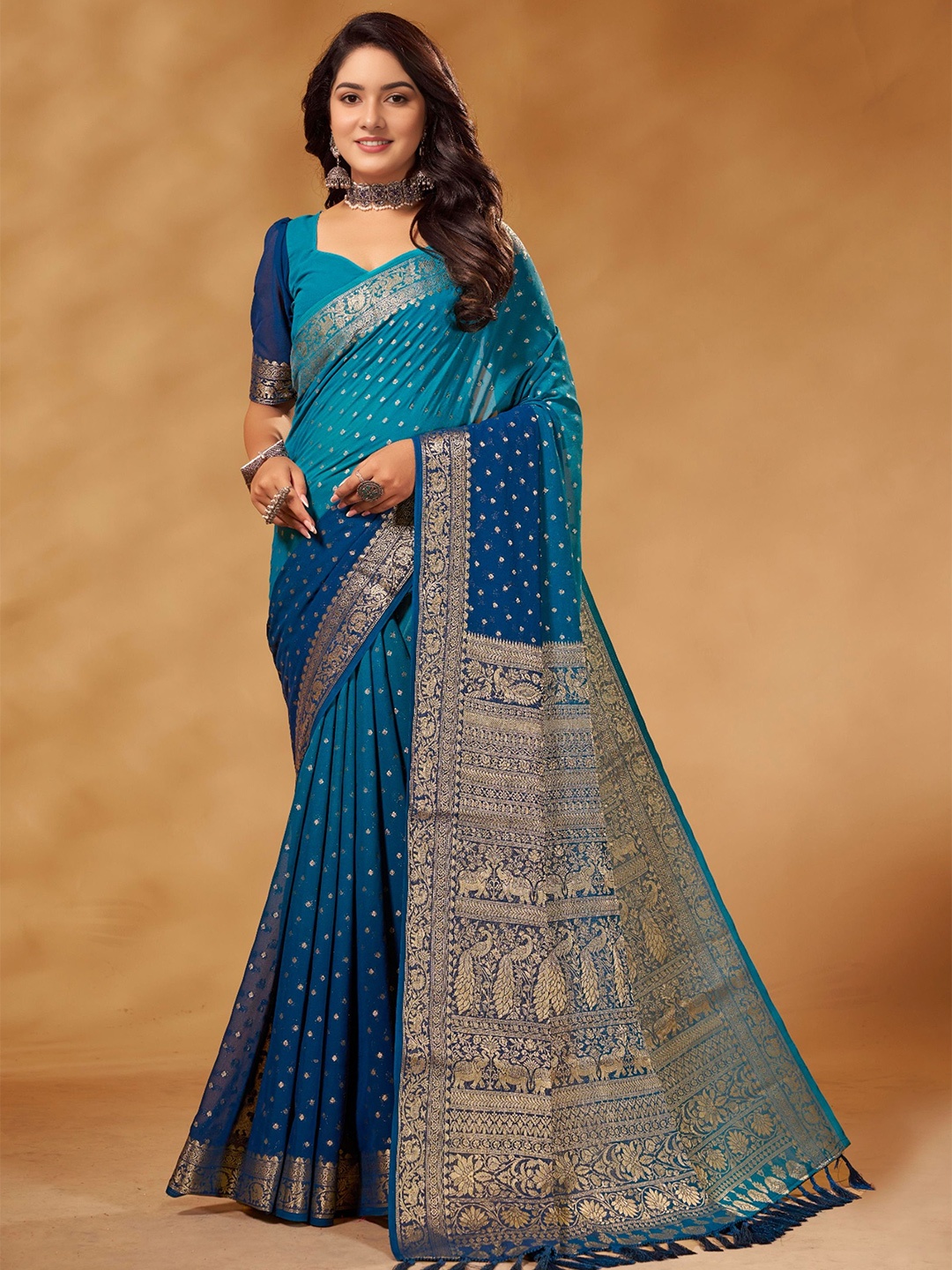 

V3 FASHION STUDIO Woven Design Zari Pure Georgette Banarasi Saree, Blue
