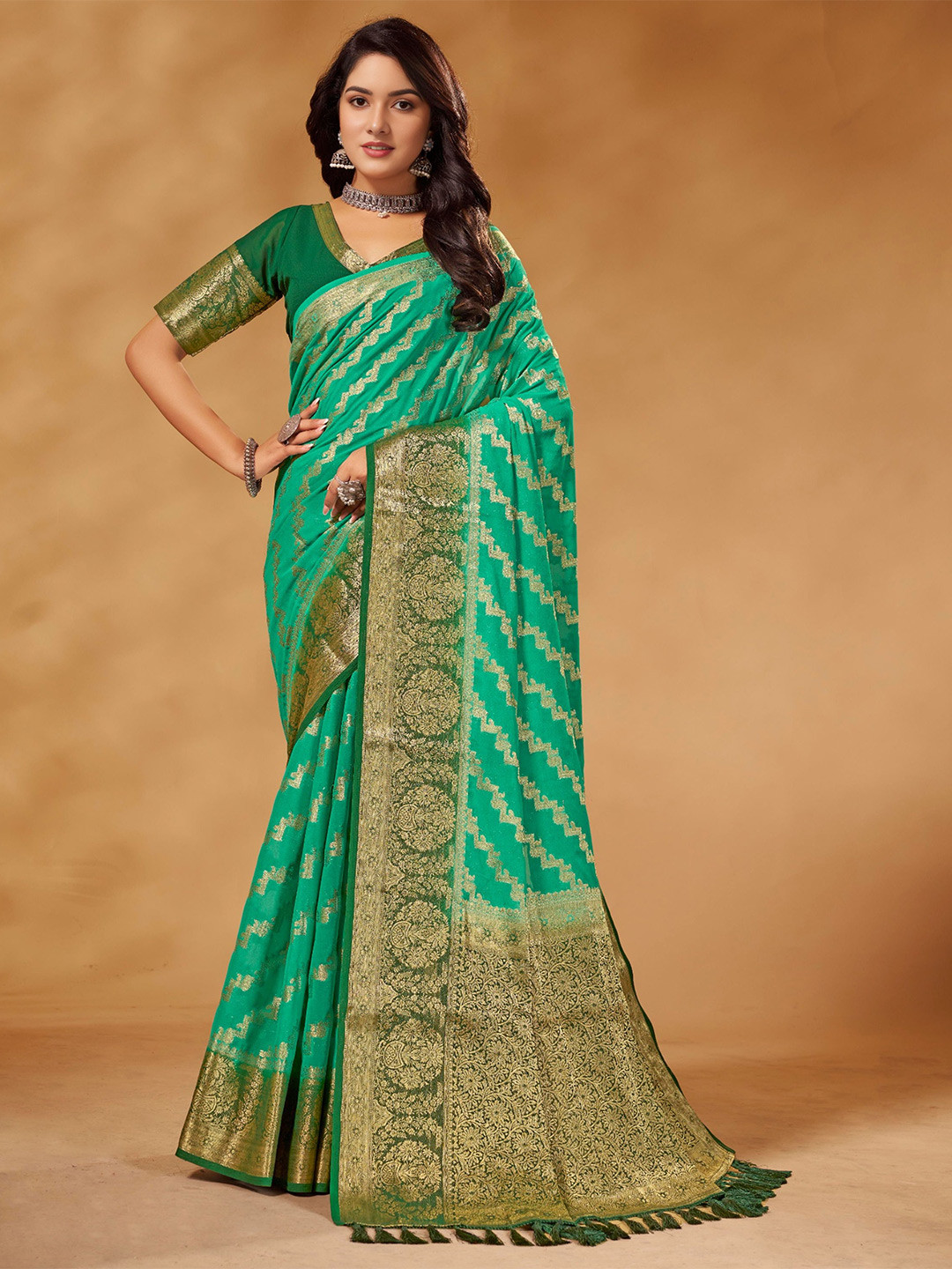 

V3 FASHION STUDIO Leheriya Zari Pure Georgette Banarasi Saree, Turquoise blue
