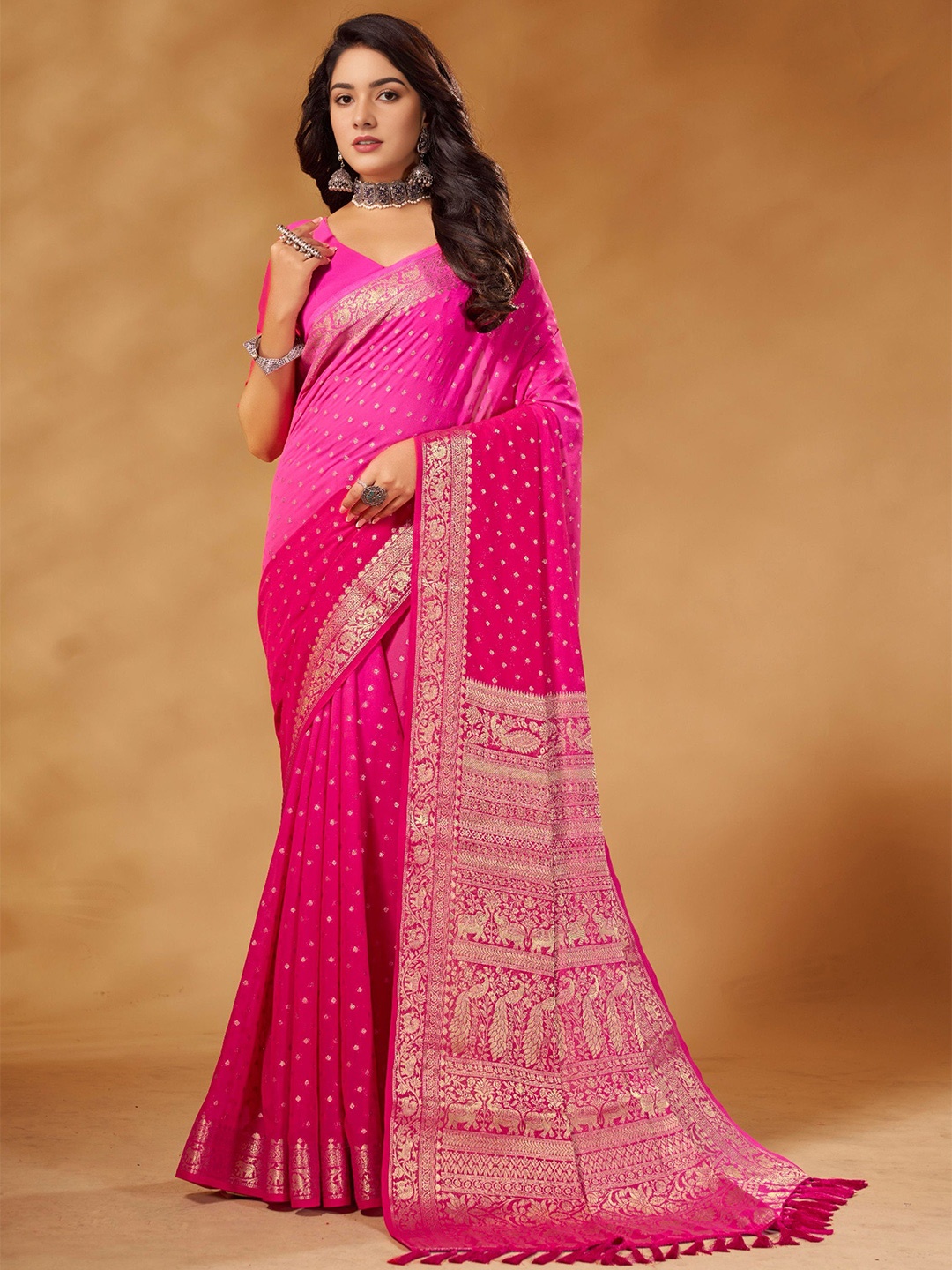 

V3 FASHION STUDIO Ethnic Motifs Woven Design Zari Pure Georgette Banarasi Saree, Fuchsia