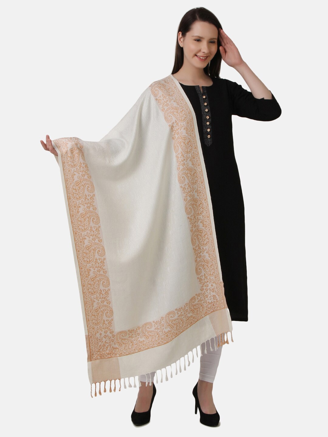 

EVAZ Woven Design Tasselled Border Woolen Shawl, White
