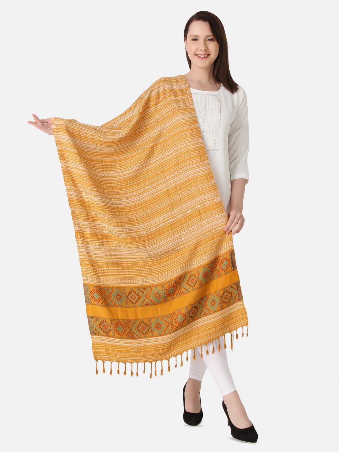 

EVAZ Woven Design Tasselled Border Woolen Shawl, Yellow