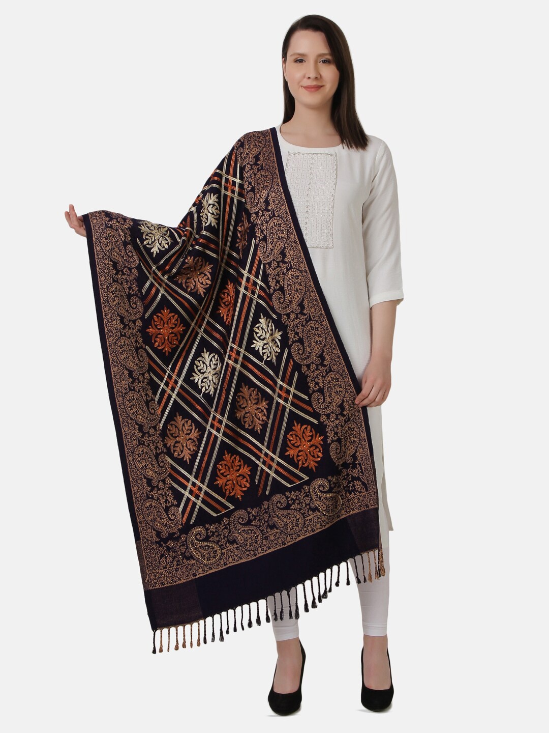 

EVAZ Woven Design Tasselled Border Woolen Shawl, Navy blue
